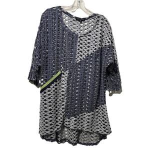 Ronnie Salloway Open Weave Top Size XL Boho 1/2 Sleeve Lagenlook Denim Blue